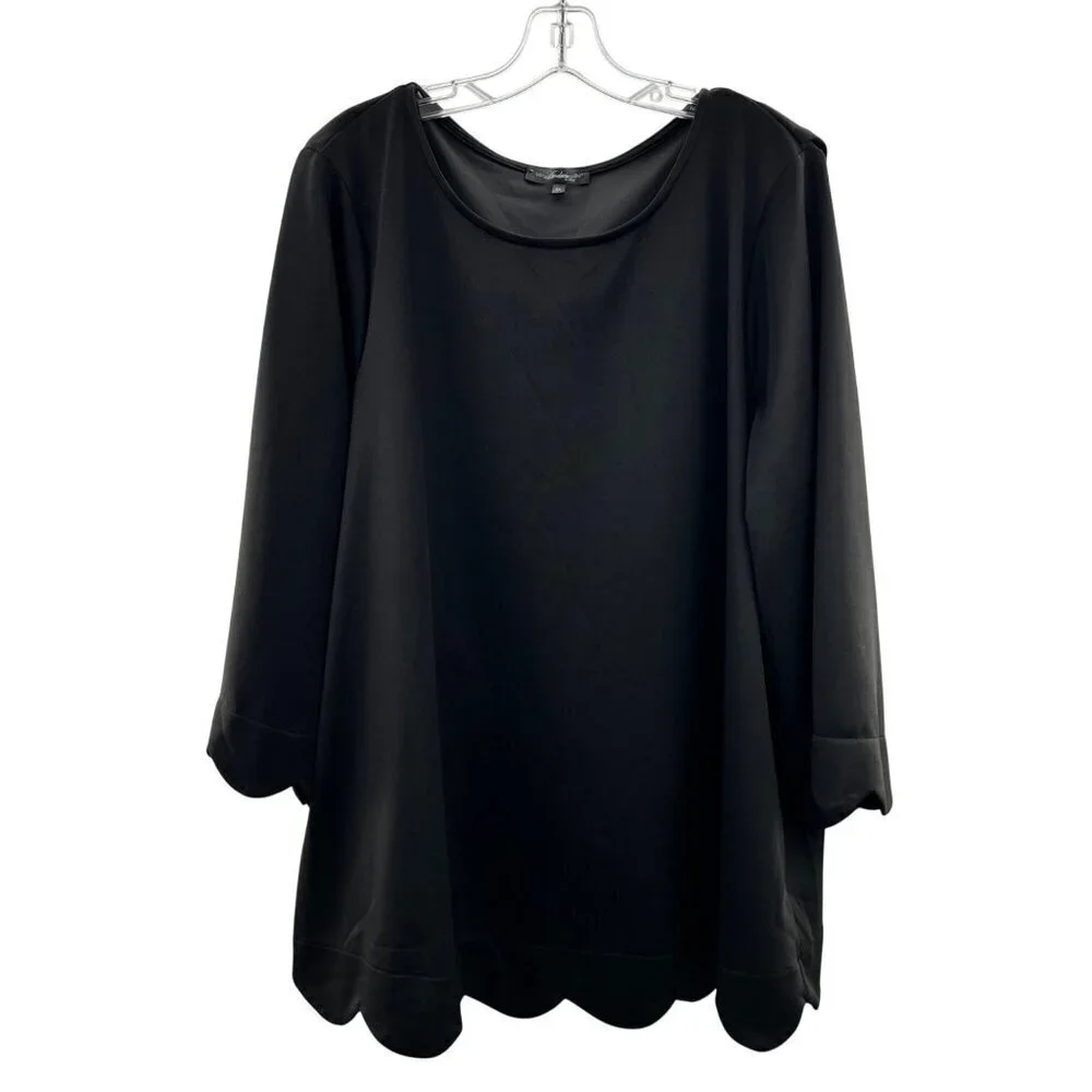Andree by Unit Women's Scalloped Edge Top Long Sleeve Black Size 3X